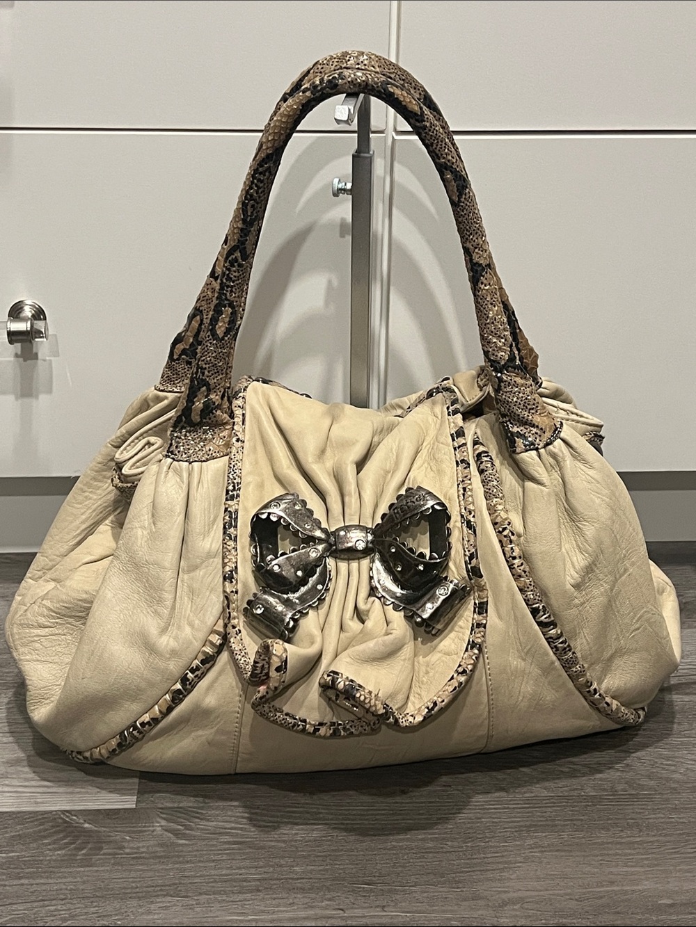 VIntage Y2K Betsey Johnson Leather Hobo Satchel/ Shoulder Bag w/Snake-Print Trim